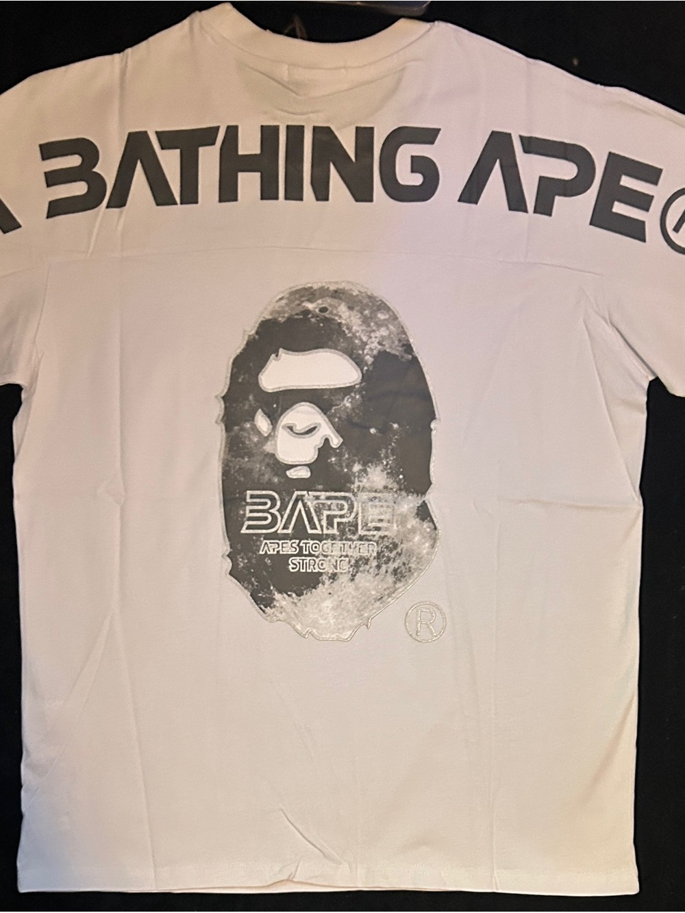 Bape White Short Sleeve Tee with Black Ape Head and Text